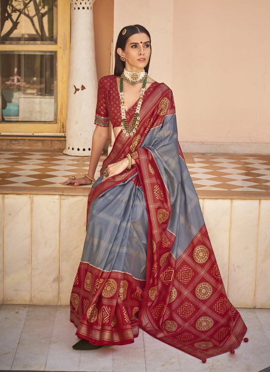 Graphite Grey Silk Patola Print Design Saree