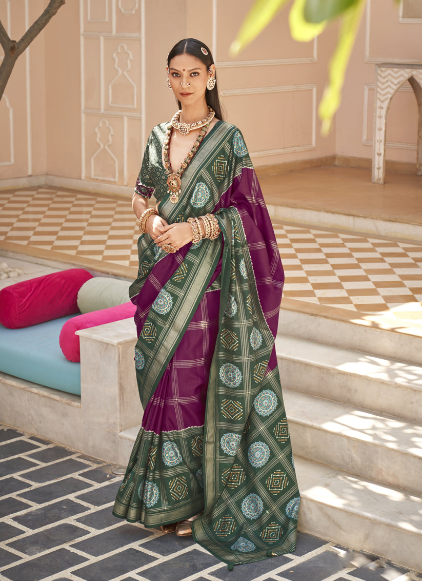 Wine Silk Patola Print Design Saree