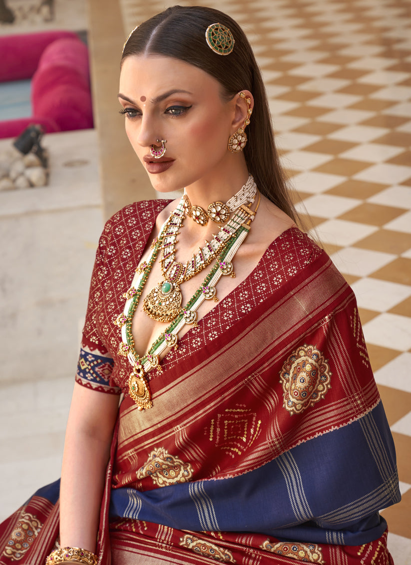 Navy Blue Silk Patola Print Design Saree