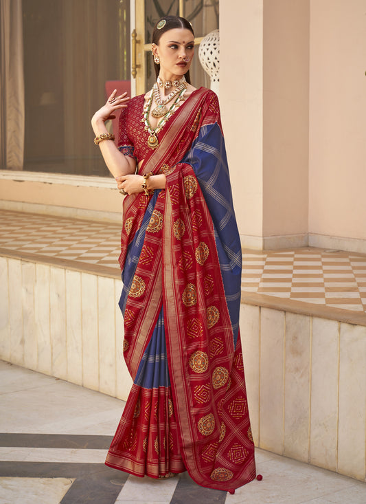 Navy Blue Silk Patola Print Design Saree