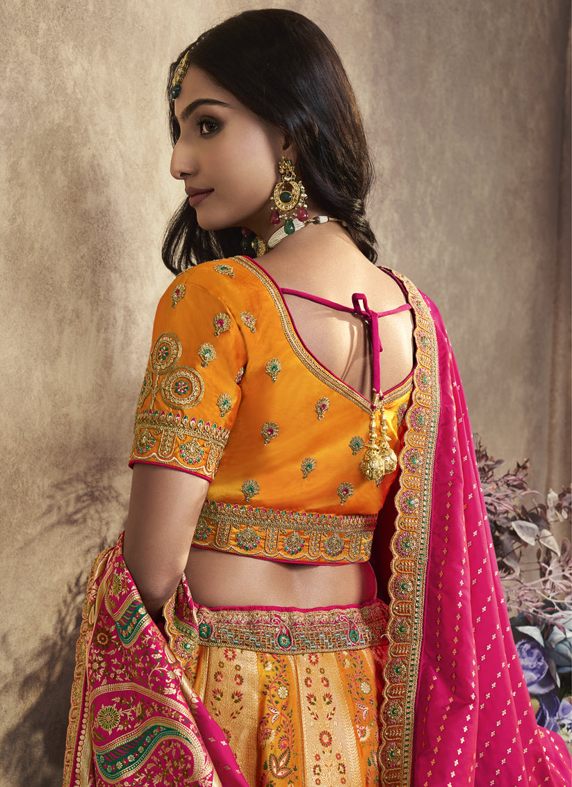 Mustard and Rani Pink Banarasi Designer Bridal Lehenga Choli