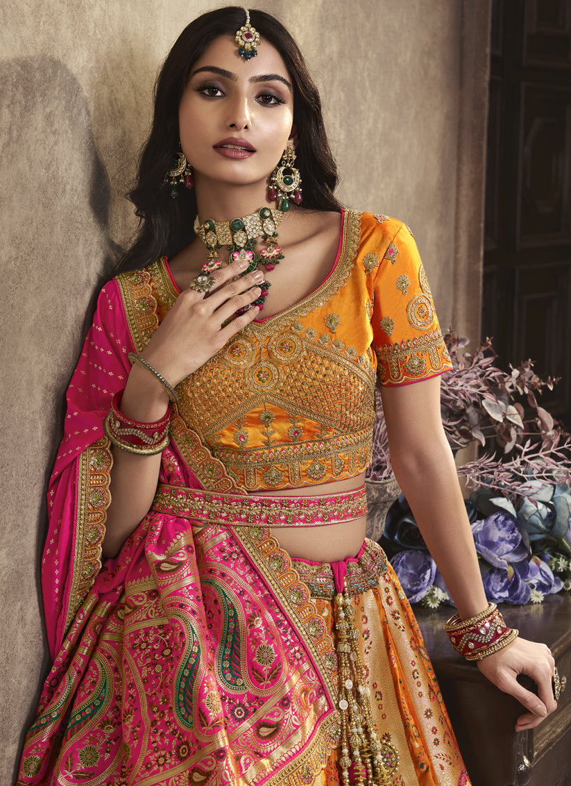 Mustard and Rani Pink Banarasi Designer Bridal Lehenga Choli