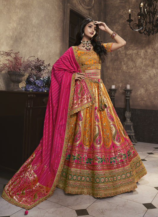 Mustard and Rani Pink Banarasi Designer Bridal Lehenga Choli