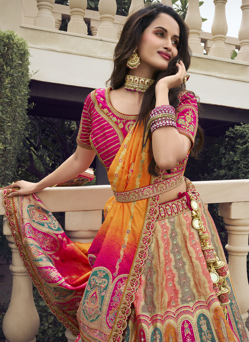 Multicolor Banarasi Silk Handwork Embroidered Designer Lehenga Choli Set