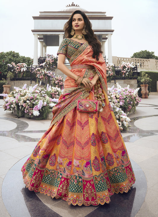 Multicolor Banarasi Silk Handwork Embroidered Designer Lehenga Choli Set