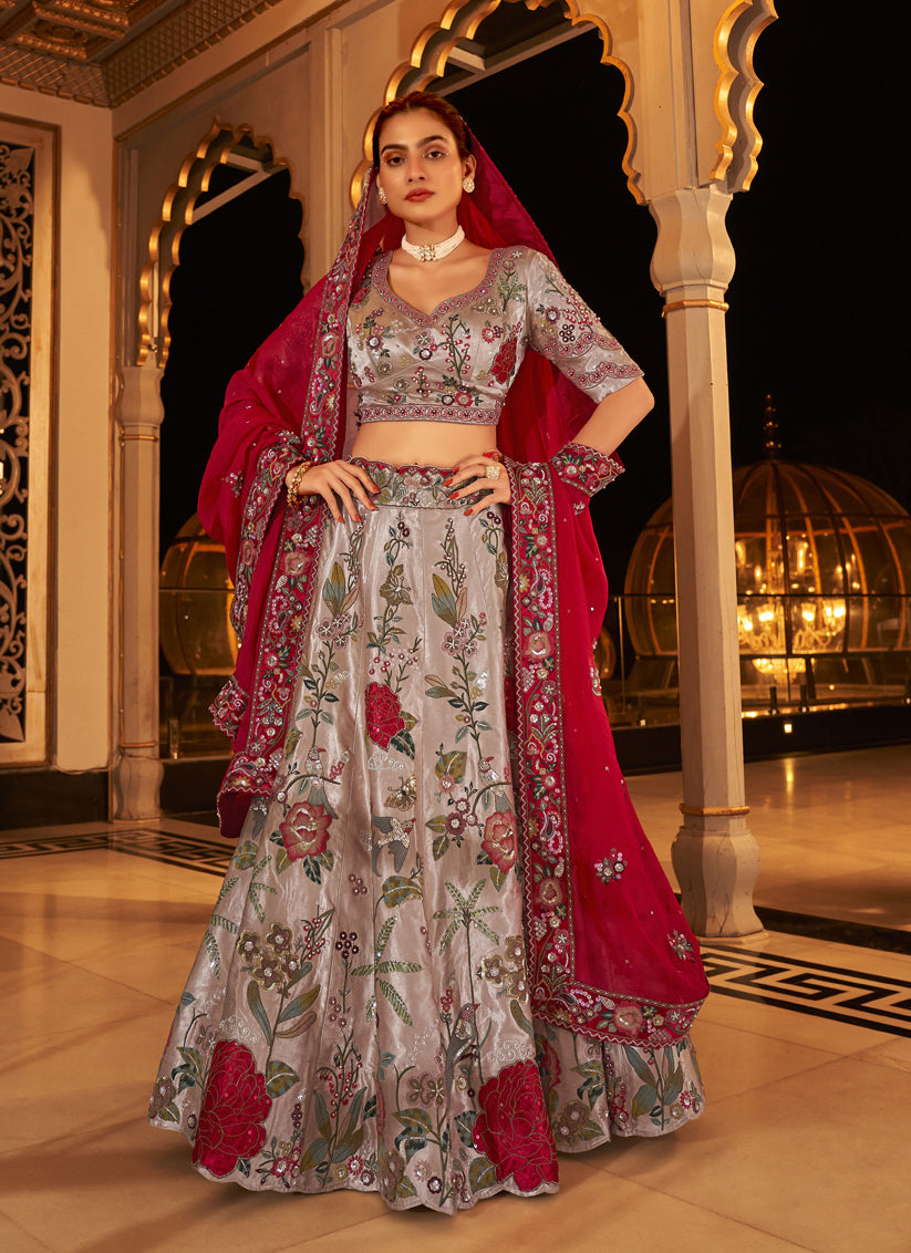 Dusty Pink Pure Viscose Satin Embroidered Bridal Lehenga Choli