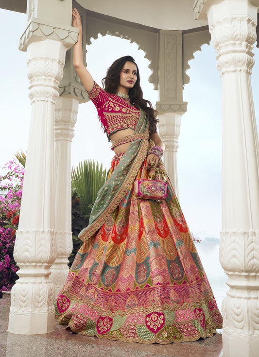 Multicolor Banarasi Silk Handwork Embroidered Designer Lehenga Choli Set