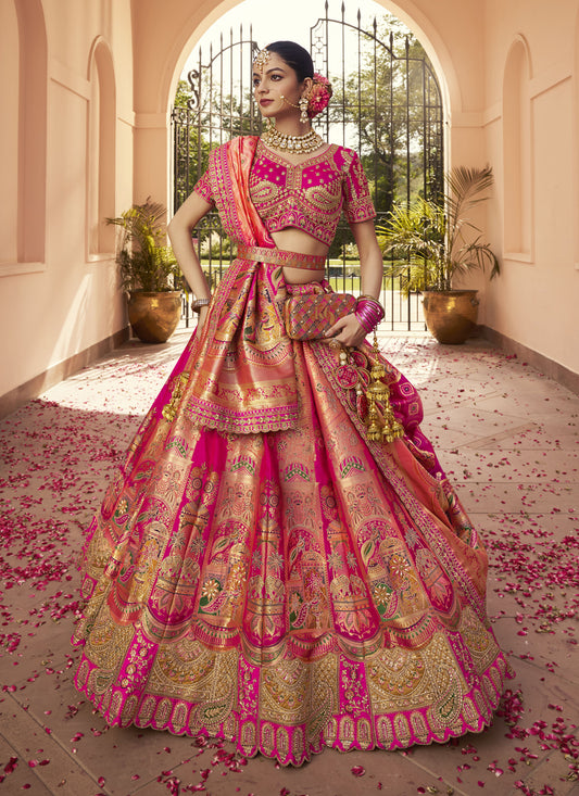 Rose Gold and Rani Pink Banarasi Silk Handwork Bridal Lehenga Choli Set