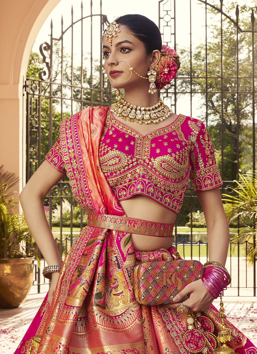 Rose Gold and Rani Pink Banarasi Silk Handwork Bridal Lehenga Choli Set