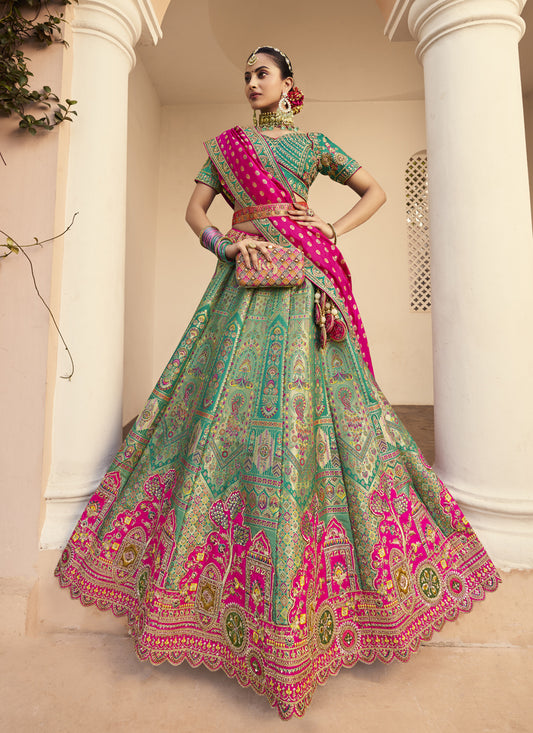Rama Green Banarasi Silk Handwork Bridal Lehenga Choli Set