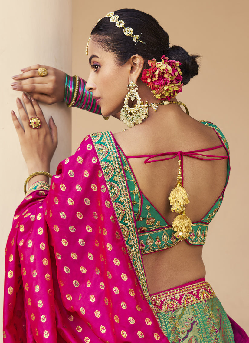 Rama Green Banarasi Silk Handwork Bridal Lehenga Choli Set
