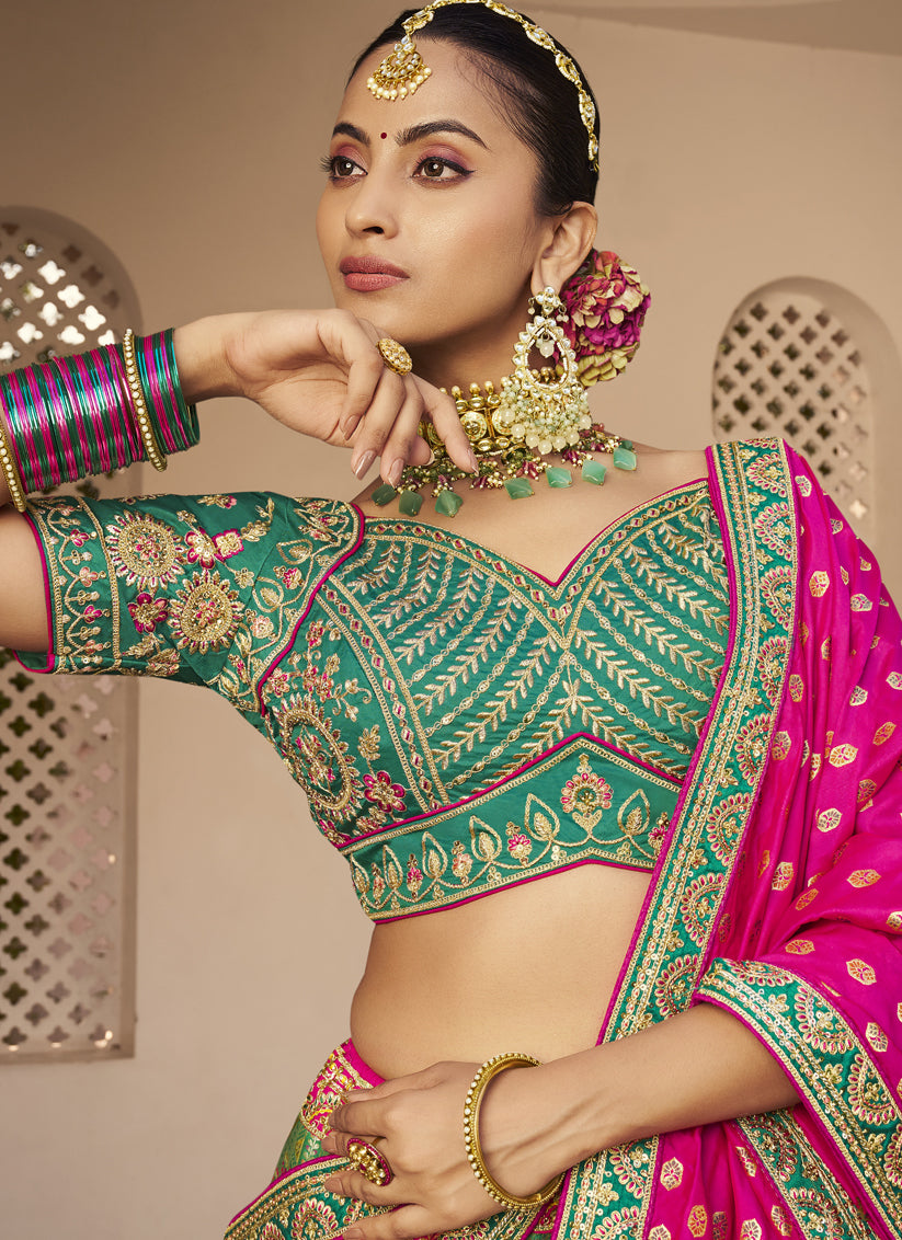 Rama Green Banarasi Silk Handwork Bridal Lehenga Choli Set