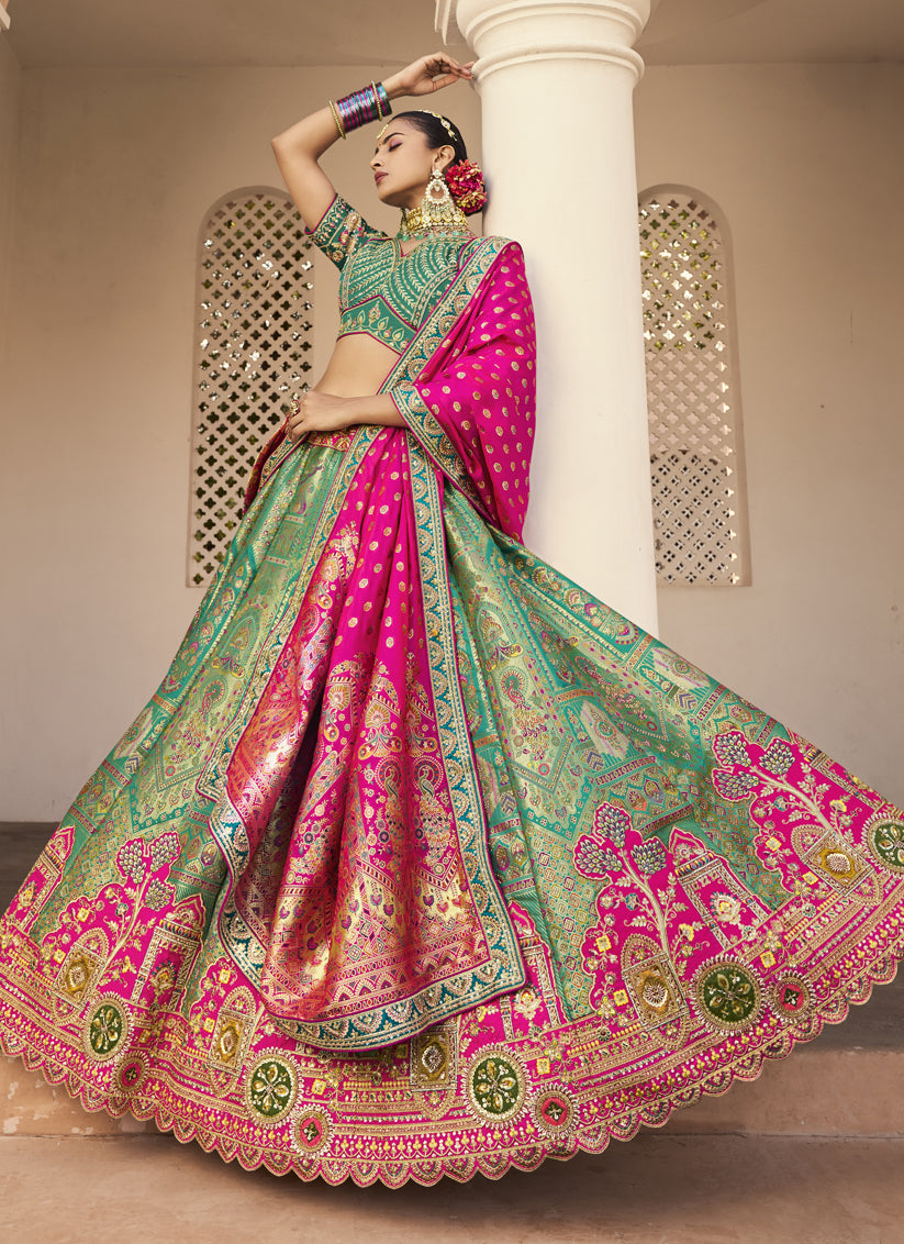 Rama Green Banarasi Silk Handwork Bridal Lehenga Choli Set
