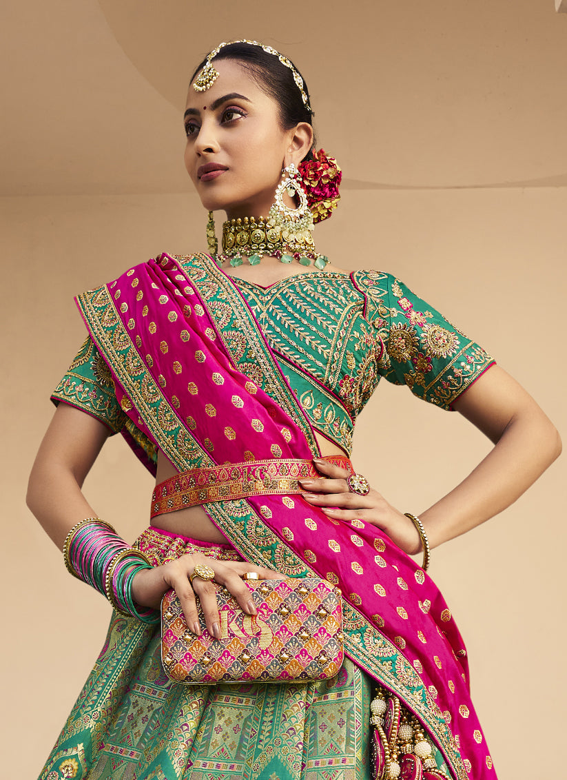 Rama Green Banarasi Silk Handwork Bridal Lehenga Choli Set