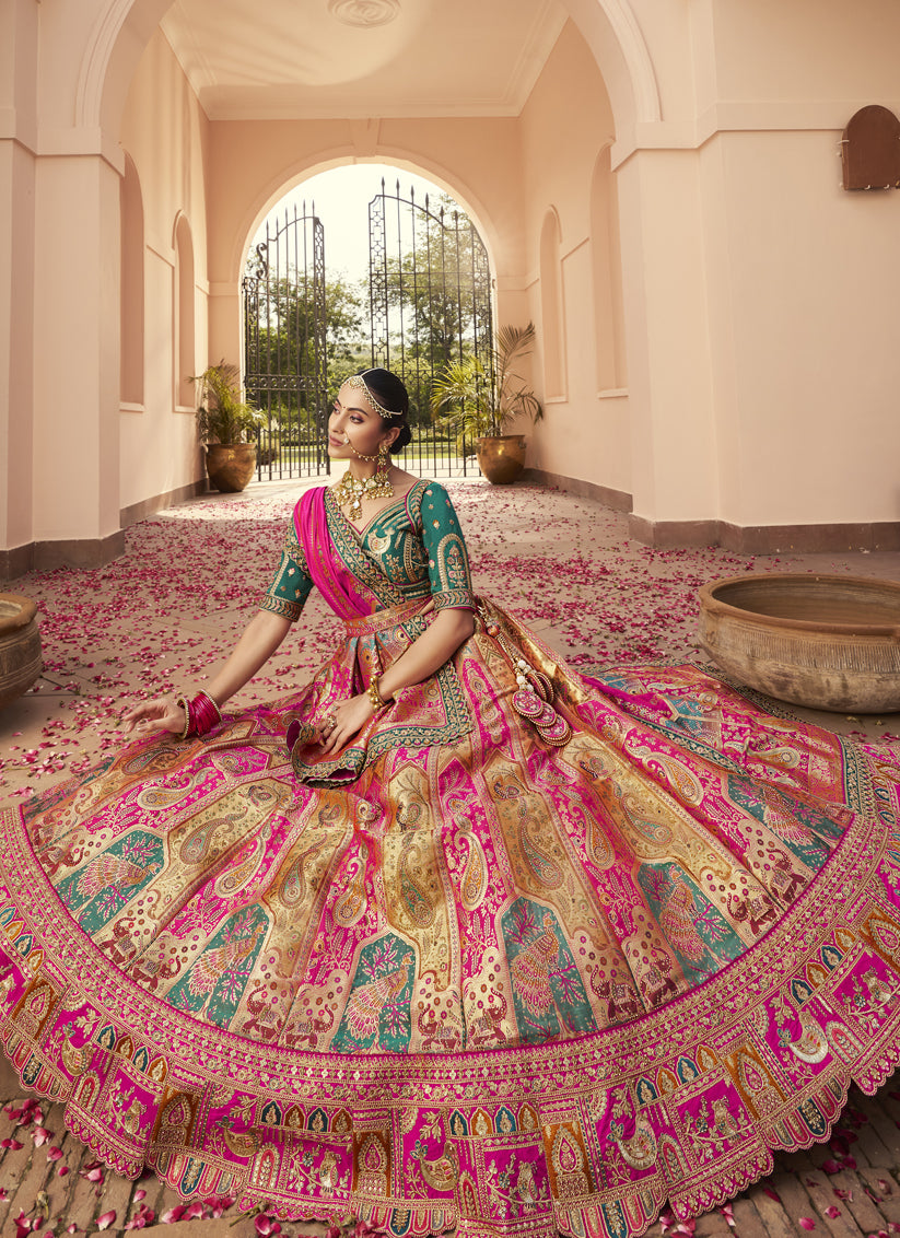 Multicolor Banarasi Silk Handwork Bridal Lehenga Choli Set
