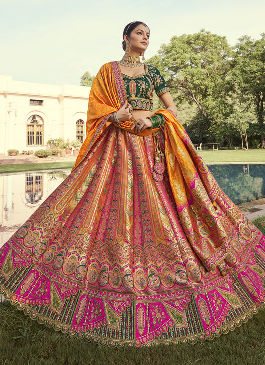 Multicolor Banarasi Silk Handwork Bridal Lehenga Choli Set