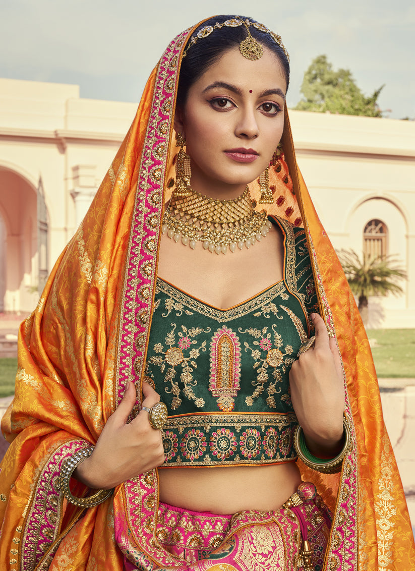 Multicolor Banarasi Silk Handwork Bridal Lehenga Choli Set