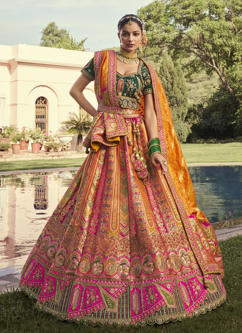 Multicolor Banarasi Silk Handwork Bridal Lehenga Choli Set