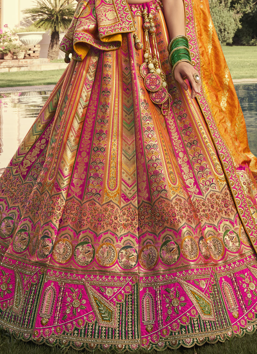 Multicolor Banarasi Silk Handwork Bridal Lehenga Choli Set