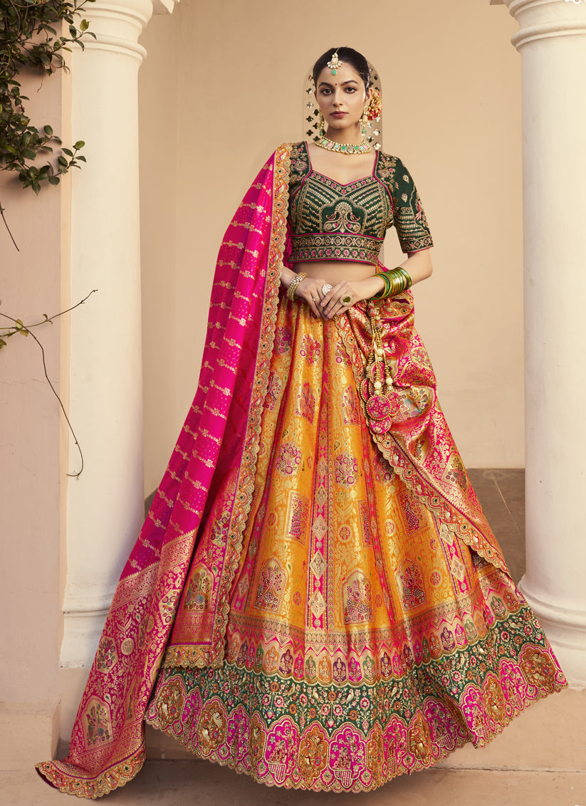 Mustard Yellow Banarasi Silk Handwork Bridal Lehenga Choli Set