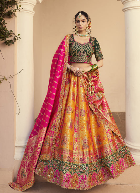 Mustard Yellow Banarasi Silk Handwork Bridal Lehenga Choli Set