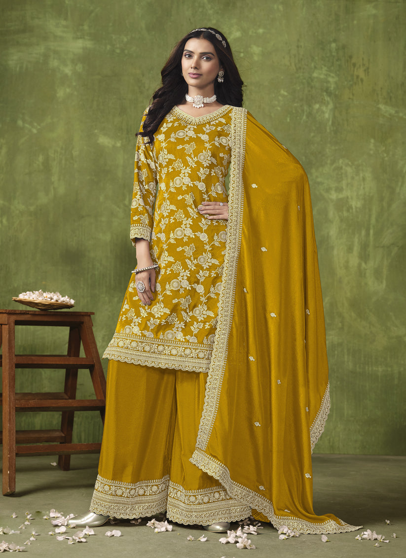 Mustard Dola Silk Jacquard Embroidered Palazzo Kameez