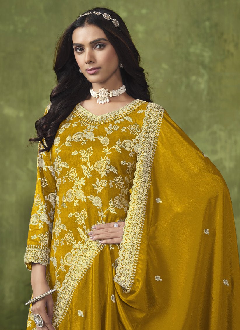 Mustard Dola Silk Jacquard Embroidered Palazzo Kameez