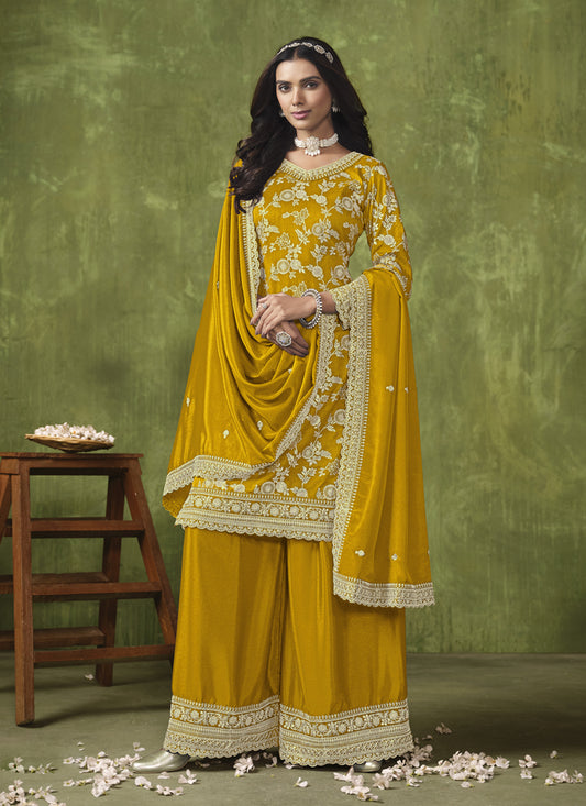 Mustard Dola Silk Jacquard Embroidered Palazzo Kameez