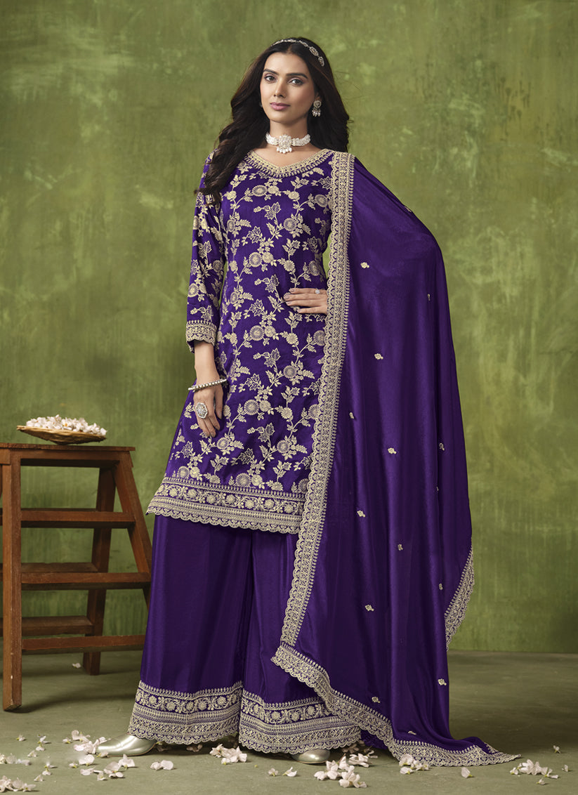 Violet Dola Silk Jacquard Embroidered Palazzo Kameez