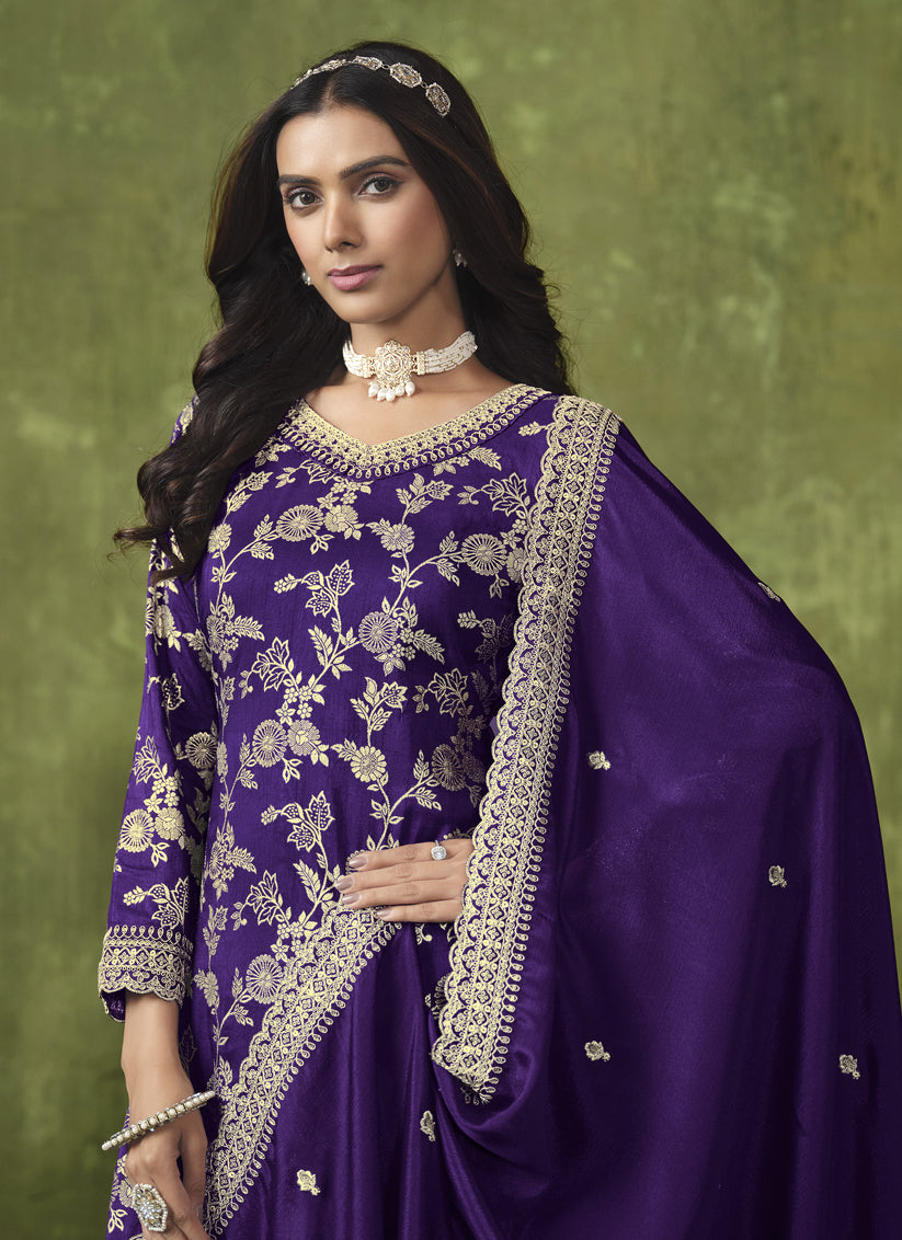 Violet Dola Silk Jacquard Embroidered Palazzo Kameez