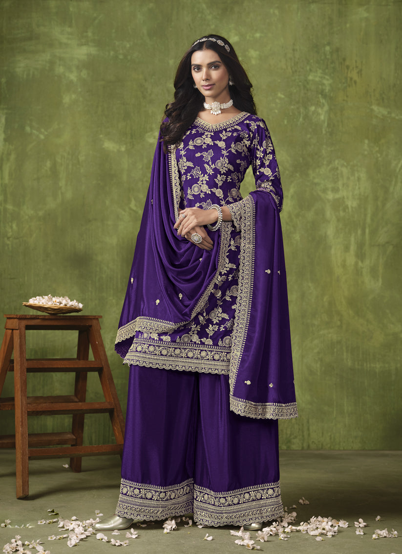 Violet Dola Silk Jacquard Embroidered Palazzo Kameez