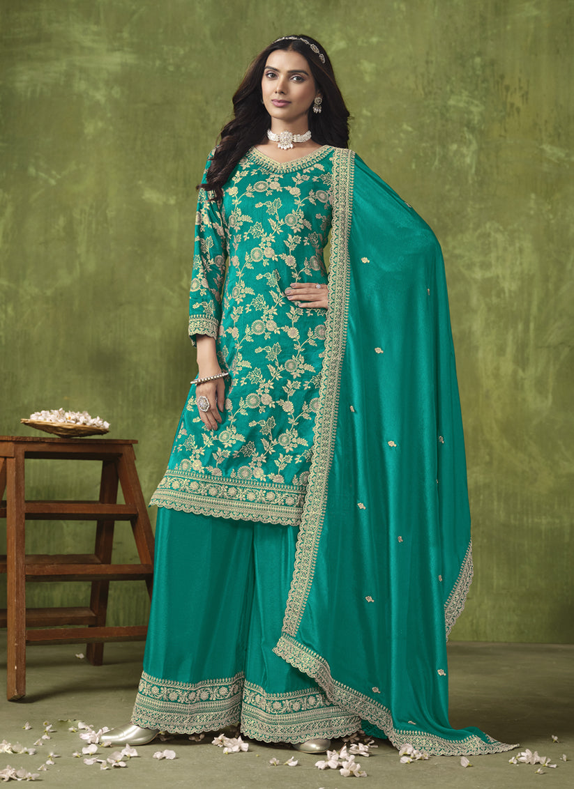 Rama Green Dola Silk Jacquard Embroidered Palazzo Kameez