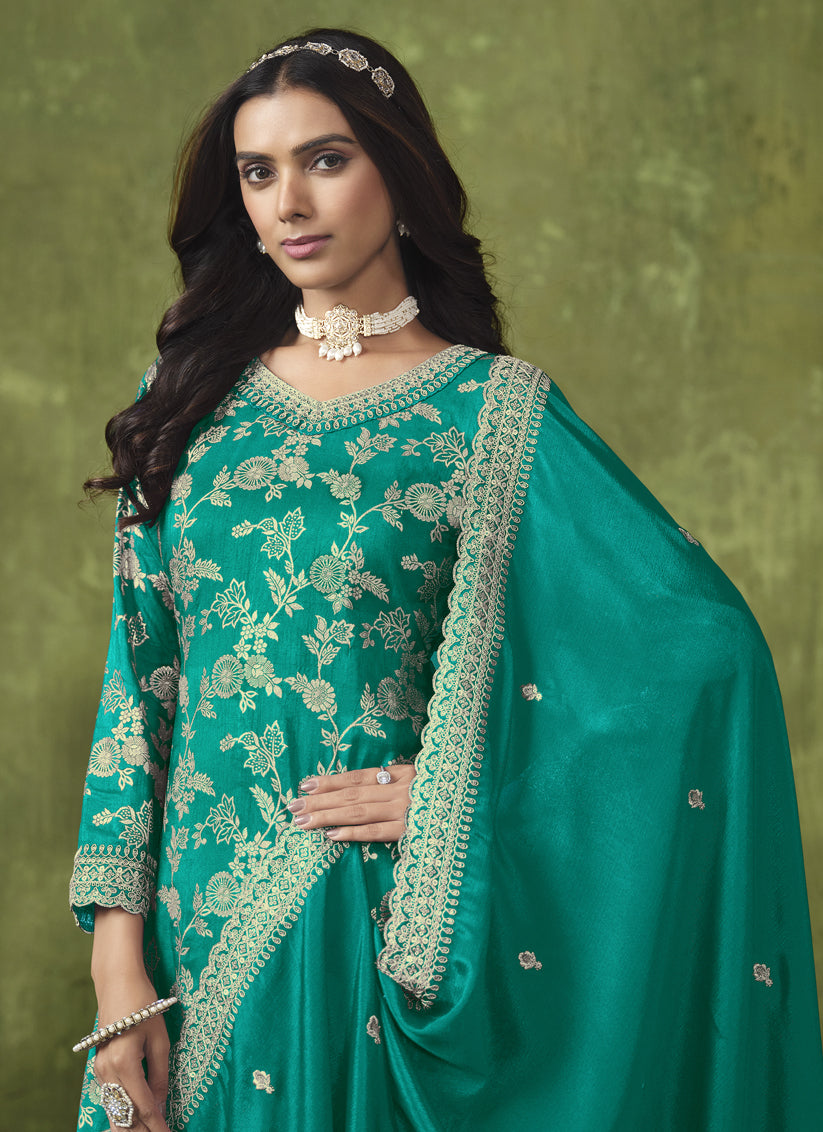 Rama Green Dola Silk Jacquard Embroidered Palazzo Kameez