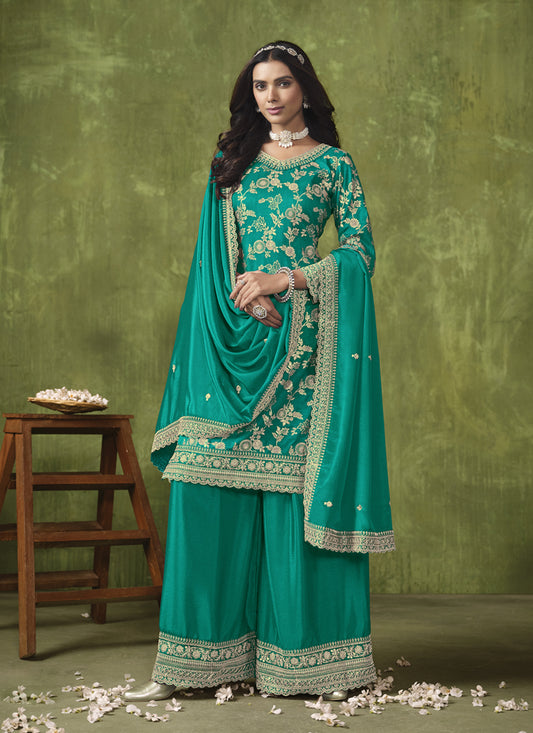 Rama Green Dola Silk Jacquard Embroidered Palazzo Kameez