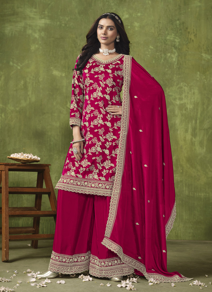 Strawberry Pink Dola Silk Jacquard Embroidered Palazzo Kameez