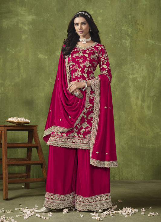 Strawberry Pink Dola Silk Jacquard Embroidered Palazzo Kameez