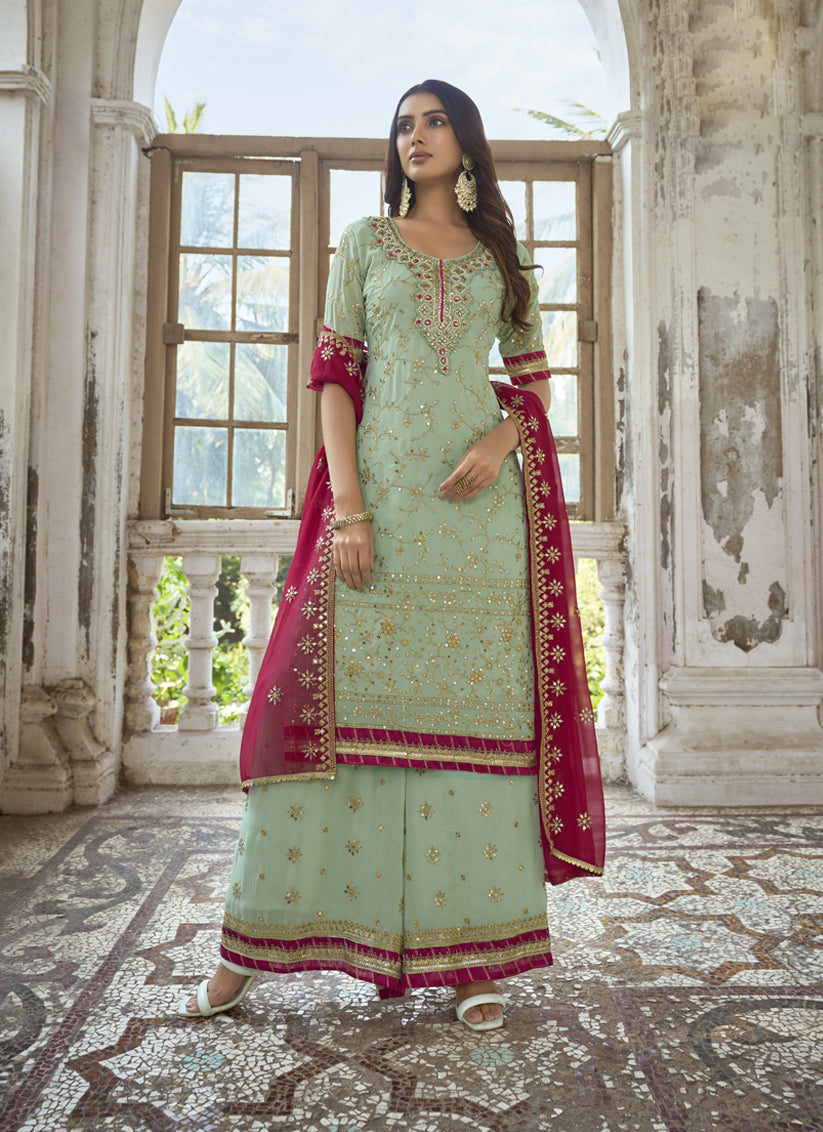 Mint Green Faux Georgette Embroidered Palazzo Kameez