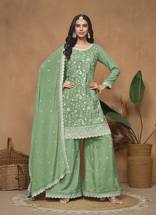 Fern Green Chinnon Embroidered Palazzo Kameez