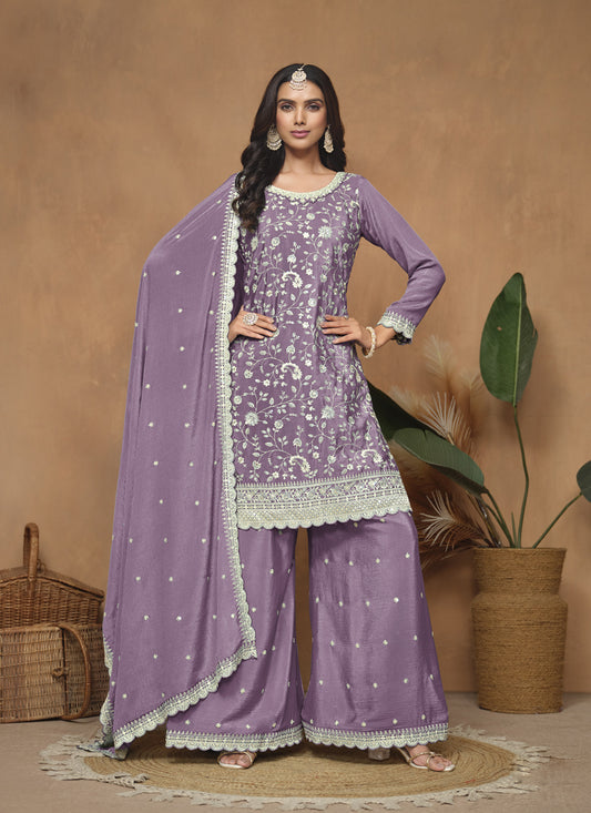 Mauve Purple Embroidered Chinnon Palazzo Kameez