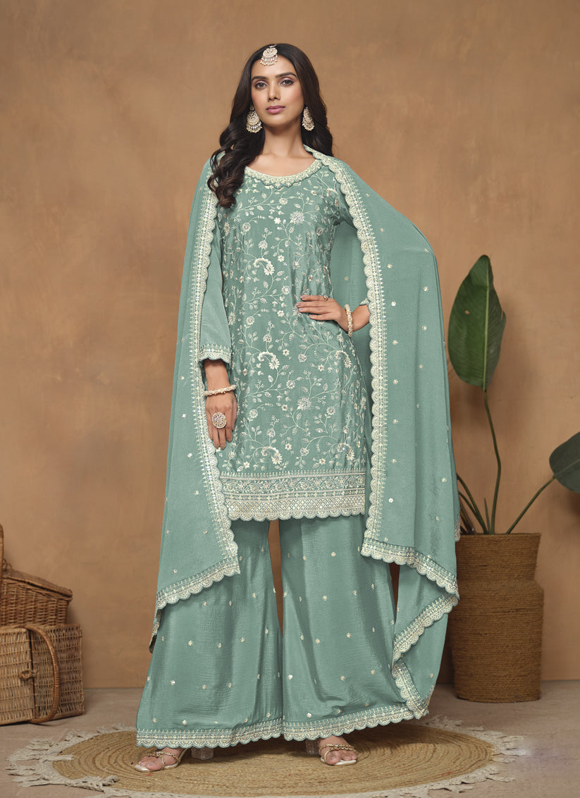 Mint Blue Chinnon Embroidered Palazzo Kameez