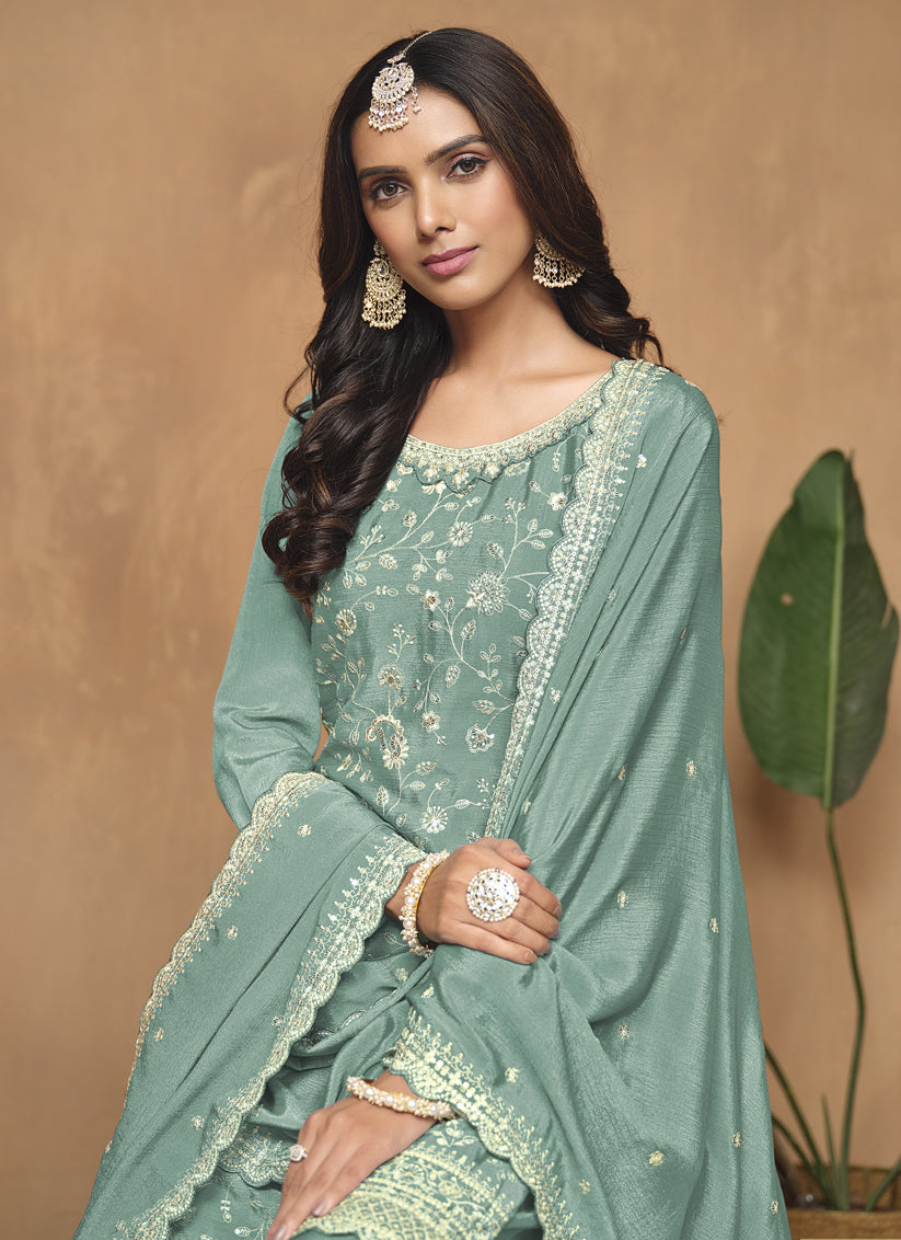 Mint Blue Chinnon Embroidered Palazzo Kameez