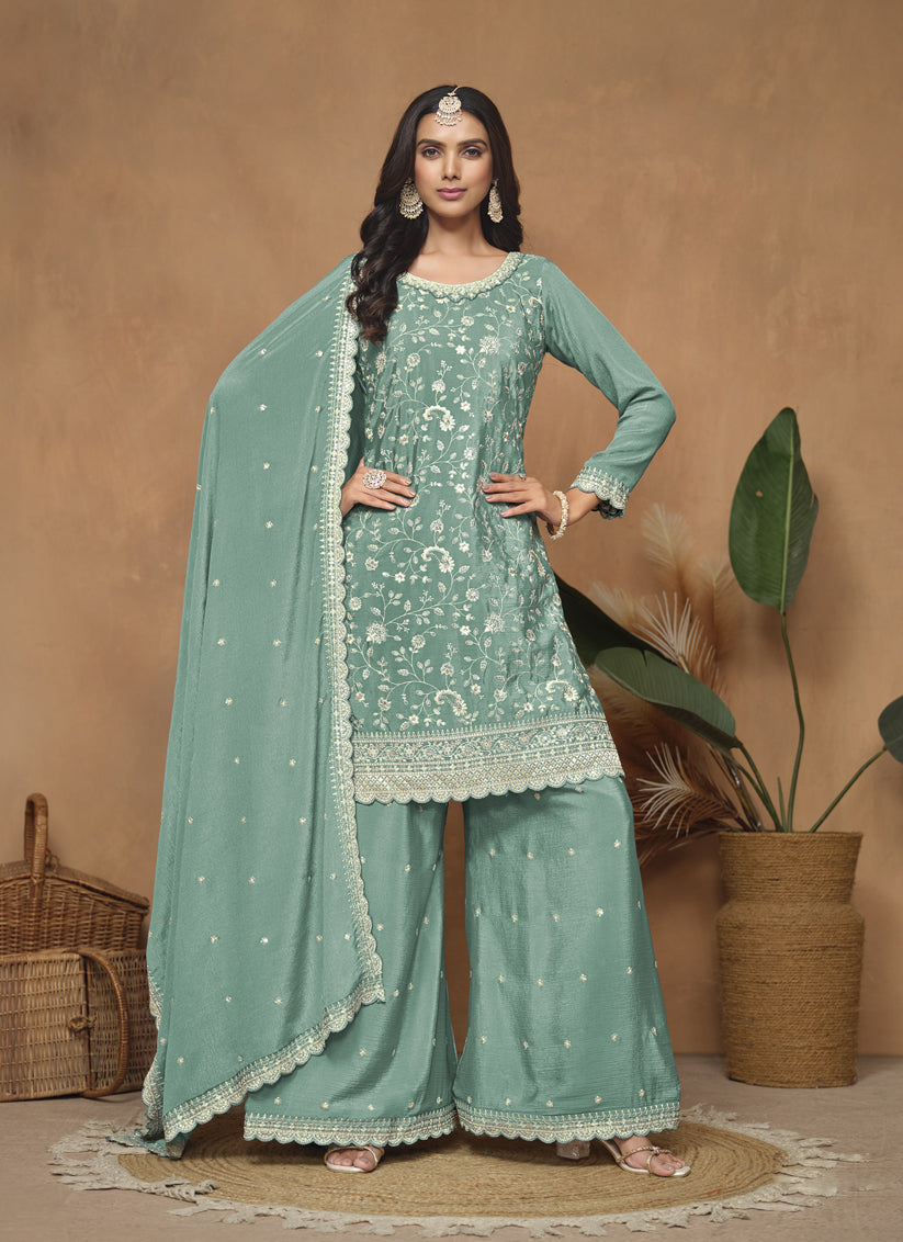 Mint Blue Chinnon Embroidered Palazzo Kameez