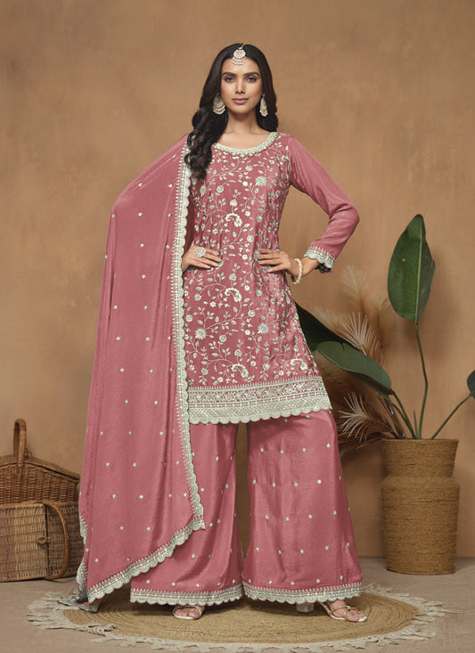 Salmon Pink Embroidered Chinnon Palazzo Kameez