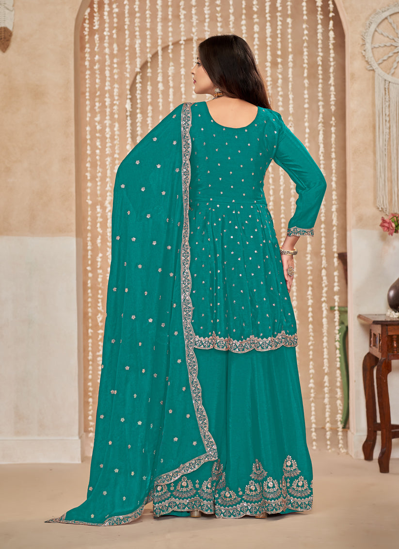 Rama Green Chinnon Embroidered Palazzo Kameez for Festival