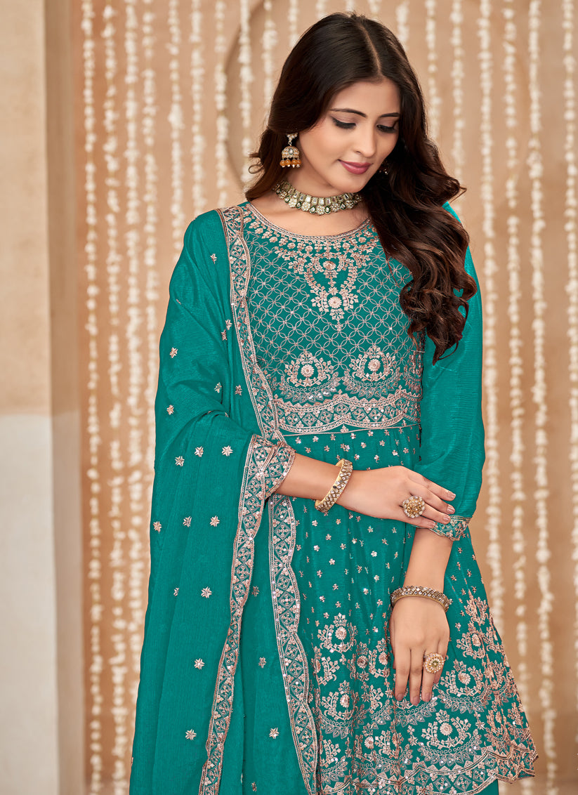 Rama Green Chinnon Embroidered Palazzo Kameez for Festival