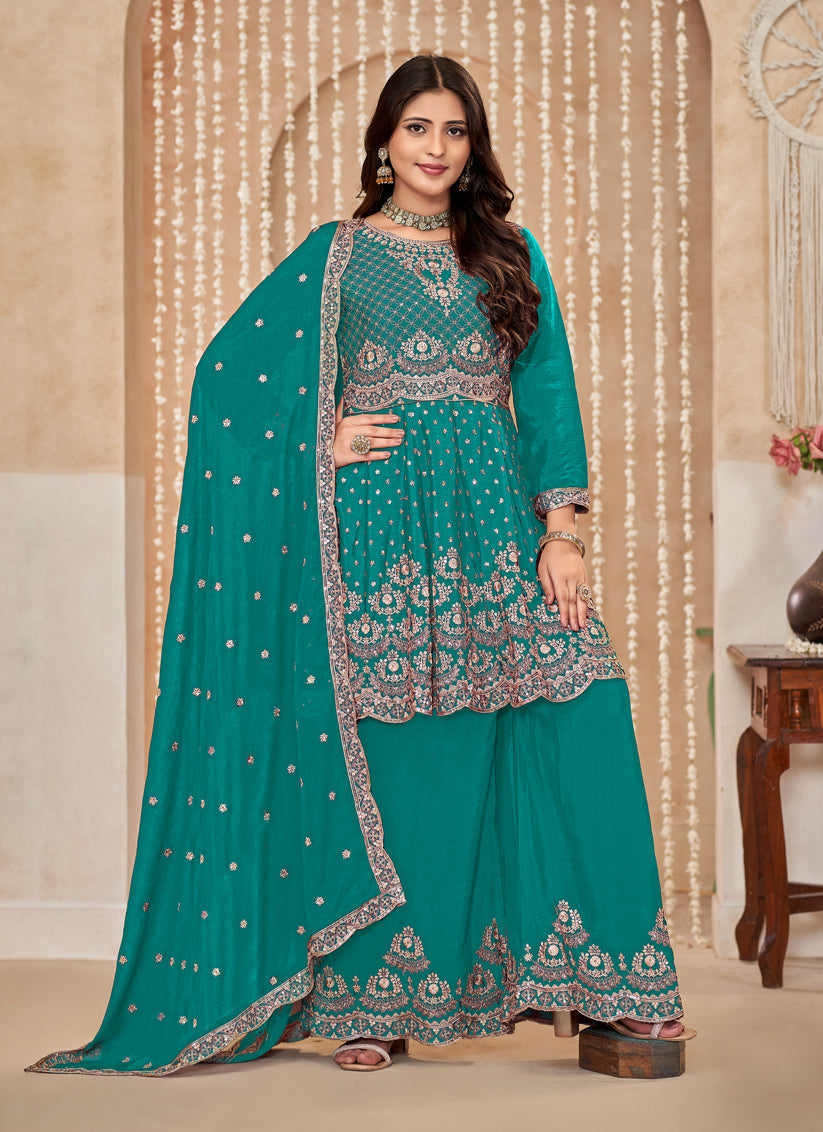 Rama Green Chinnon Embroidered Palazzo Kameez for Festival