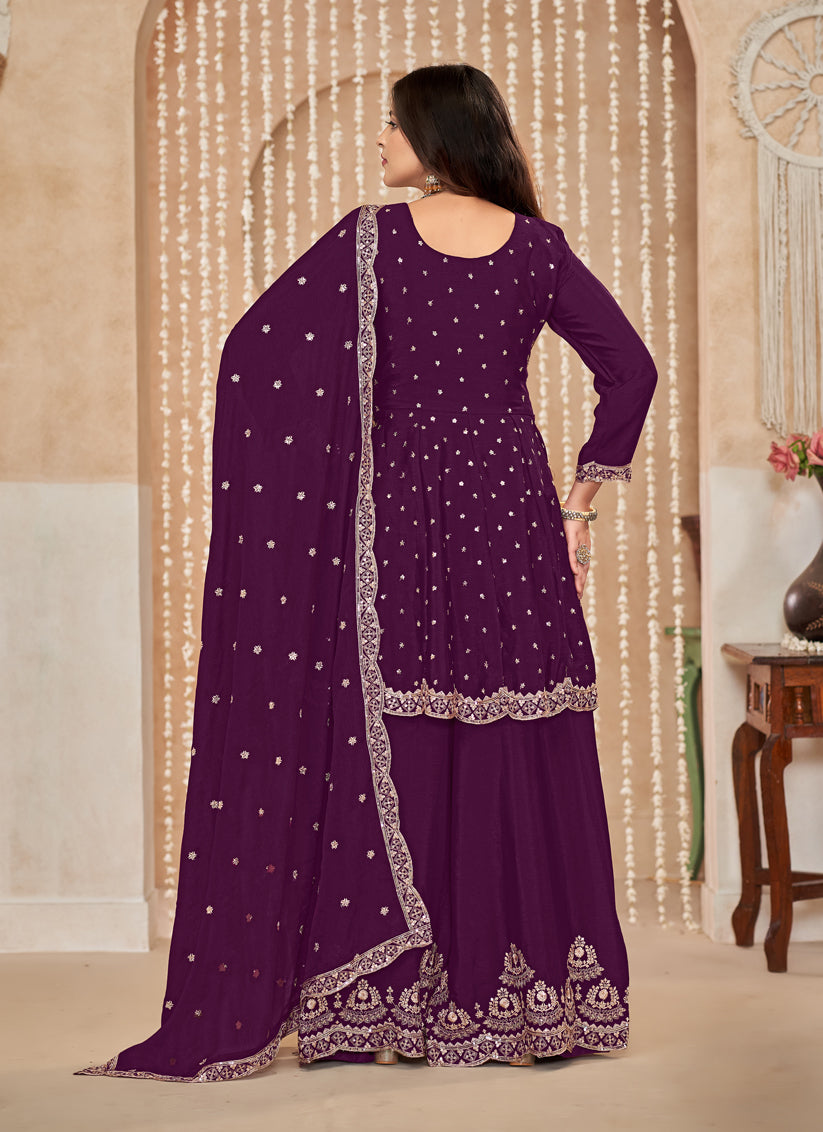 Wine Chinnon Embroidered Palazzo Kameez for Festival