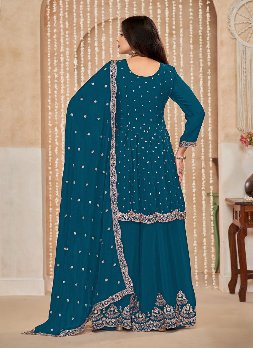 Peacock Blue Chinnon Embroidered Palazzo Kameez for Festival