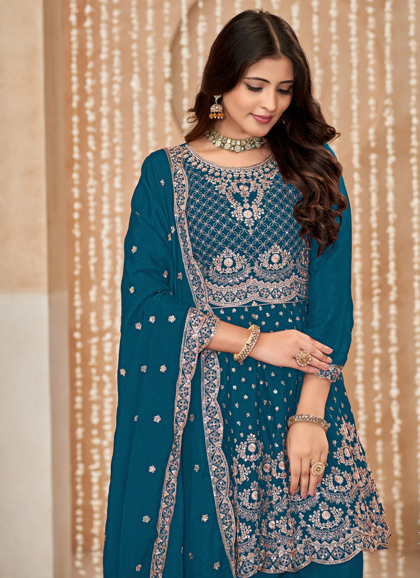 Peacock Blue Chinnon Embroidered Palazzo Kameez for Festival