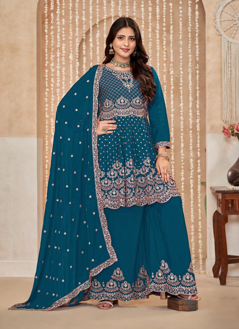 Peacock Blue Chinnon Embroidered Palazzo Kameez for Festival